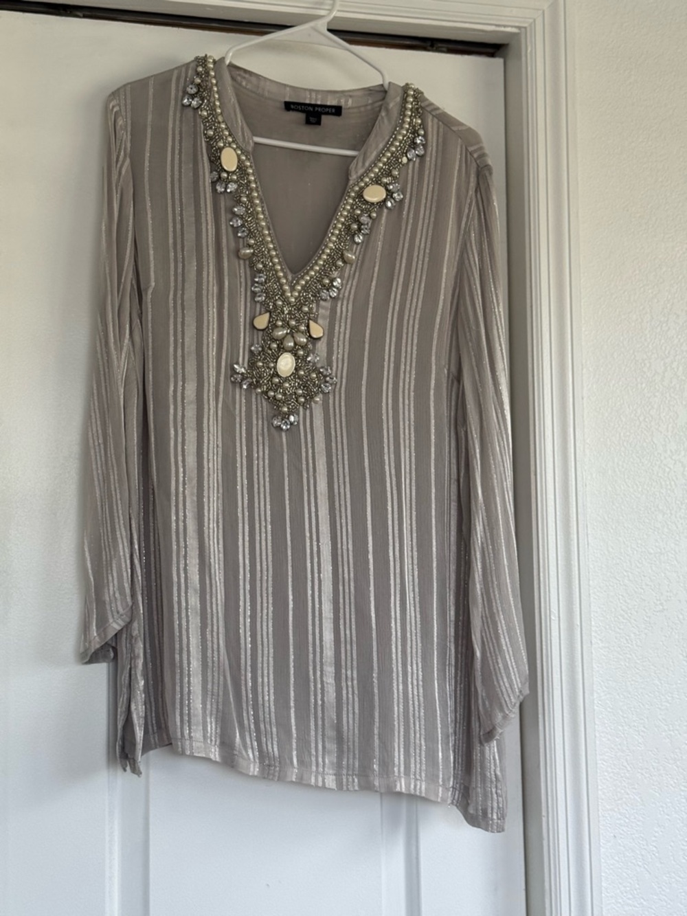 Boston Proper Taupe Beaded V-Neck Tunic with Metallic Stripes